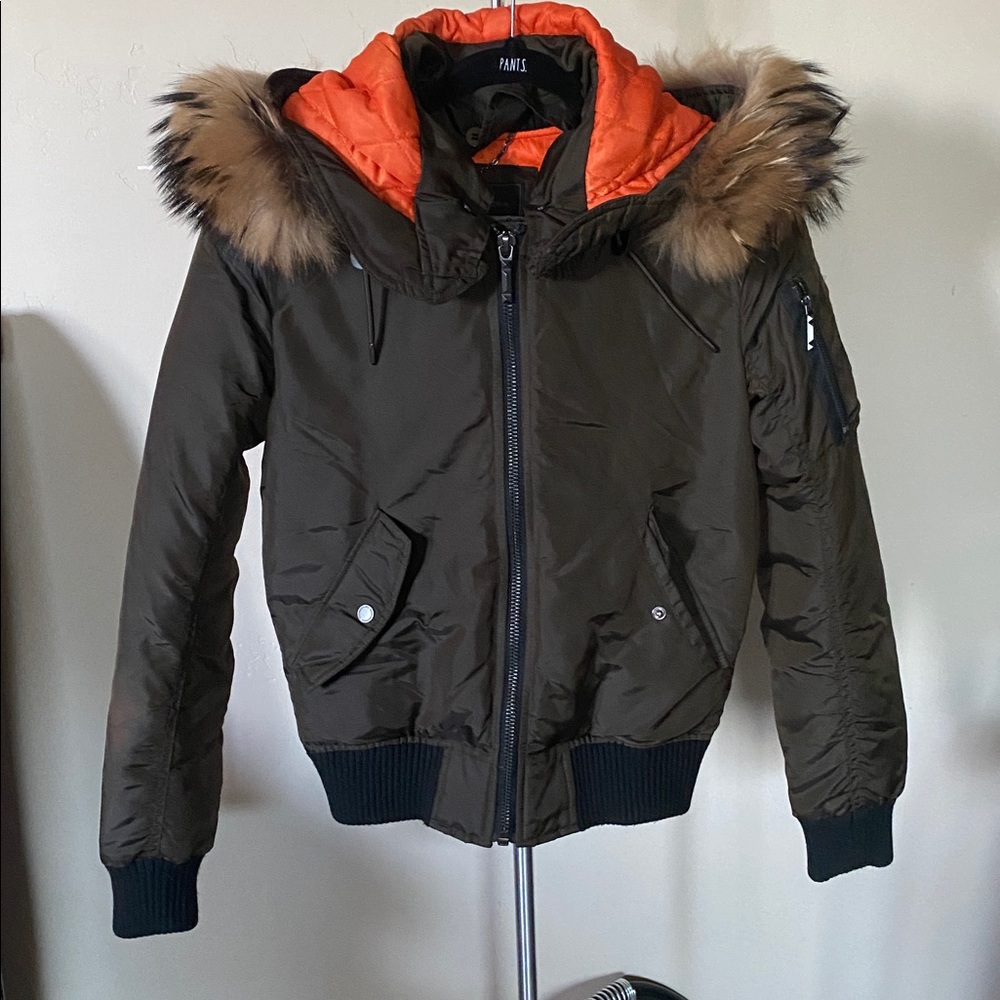 BCBGMaxAzria Olive Puffer Jacket with Orange Lining